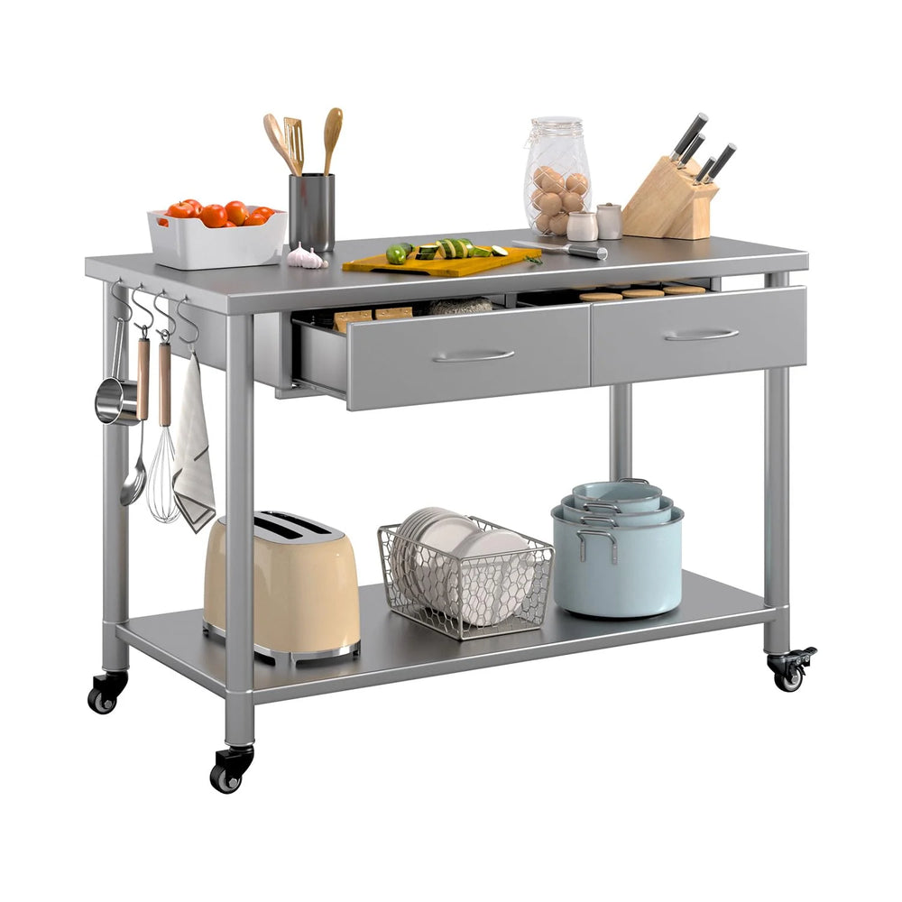 AECOJOY Stainless Steel Work Table with 2 Drawers, 48"x24" Commercial Kitchen Prep Table with Casters