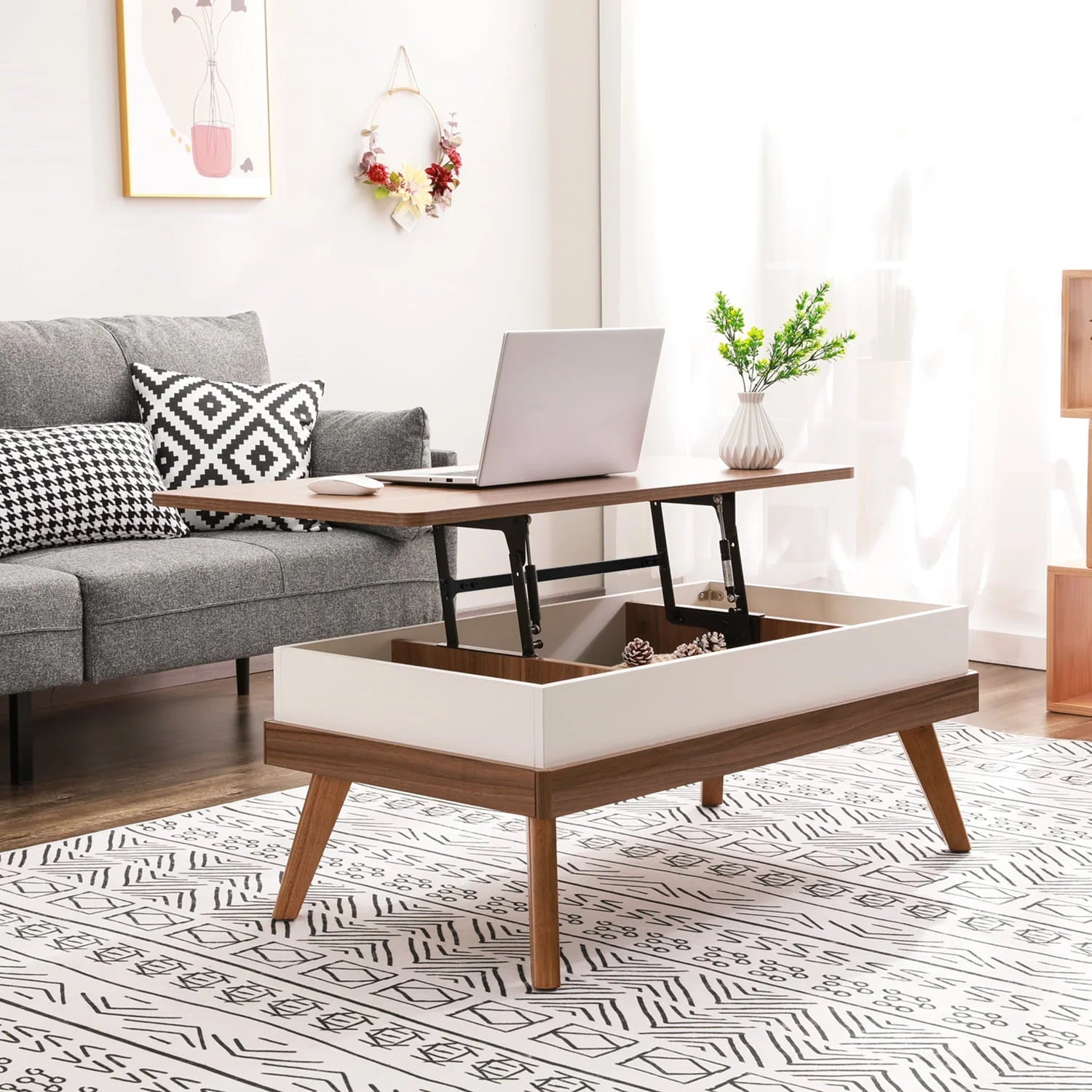 Bidiso Lift Top Coffee Table, Easy - to - Assembly Center Table with Hidden Storage Compartment, Modern Lift Tabletop Dining Table for Living Room Reception/Home Office, Grey Walnut