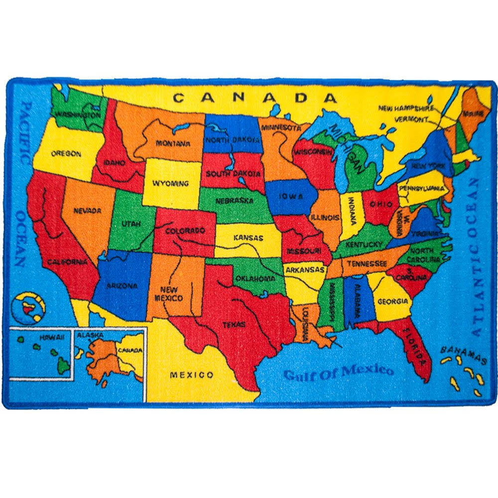 MyBecca Kids Rug Usa Map Area Rug 5' X 7' Children Area Rug For Playroom & Nursery - Non Skid Gel Backing