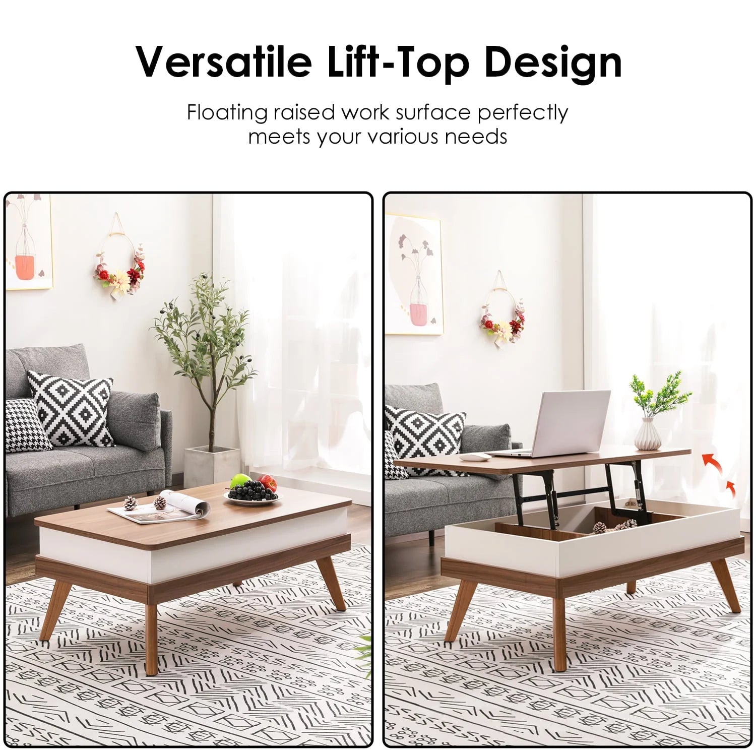 Bidiso Lift Top Coffee Table, Easy - to - Assembly Center Table with Hidden Storage Compartment, Modern Lift Tabletop Dining Table for Living Room Reception/Home Office, Grey Walnut
