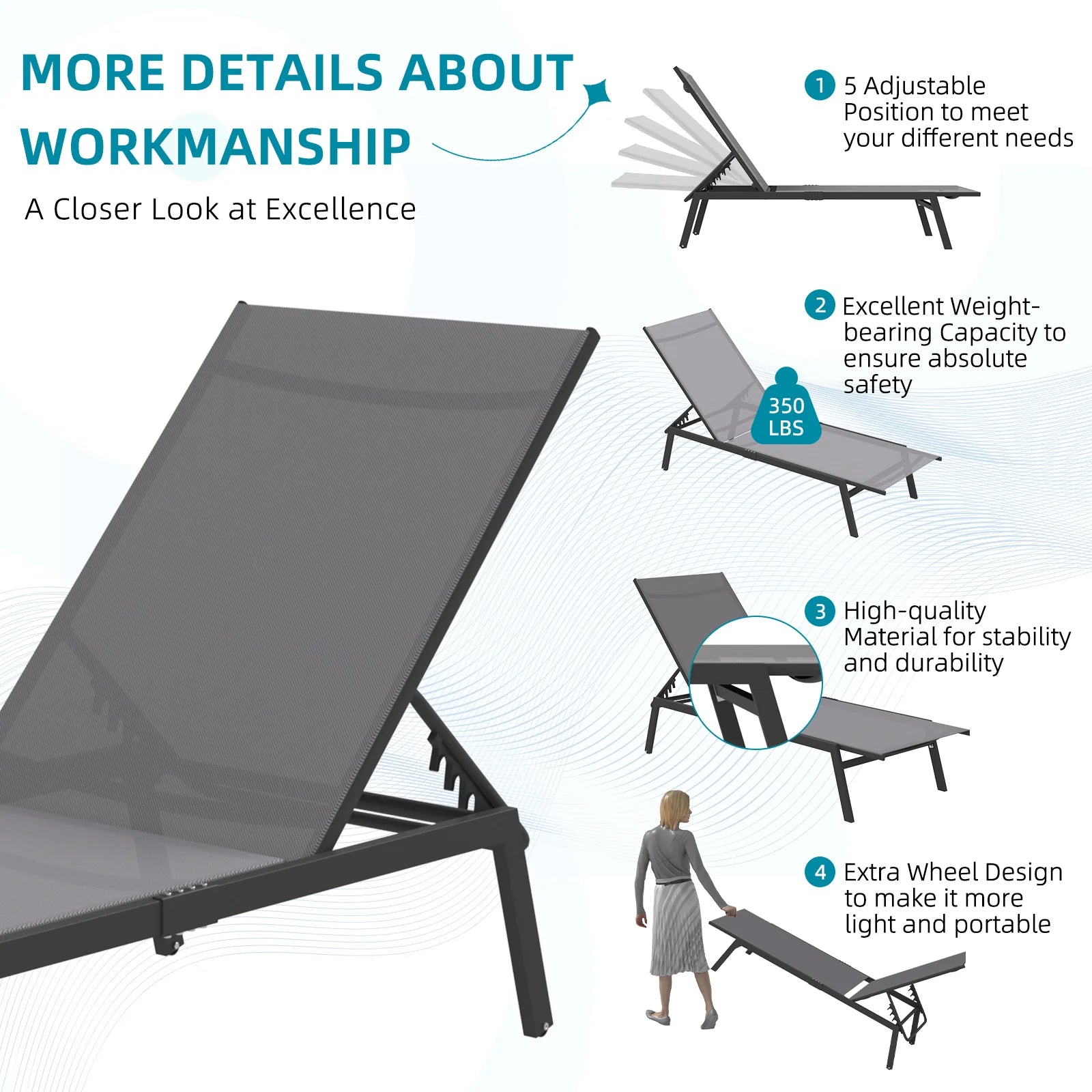 AECOJOY Patio Lounge Chairs, Outdoor Chaise Lounge with Wheels, Dark Grey